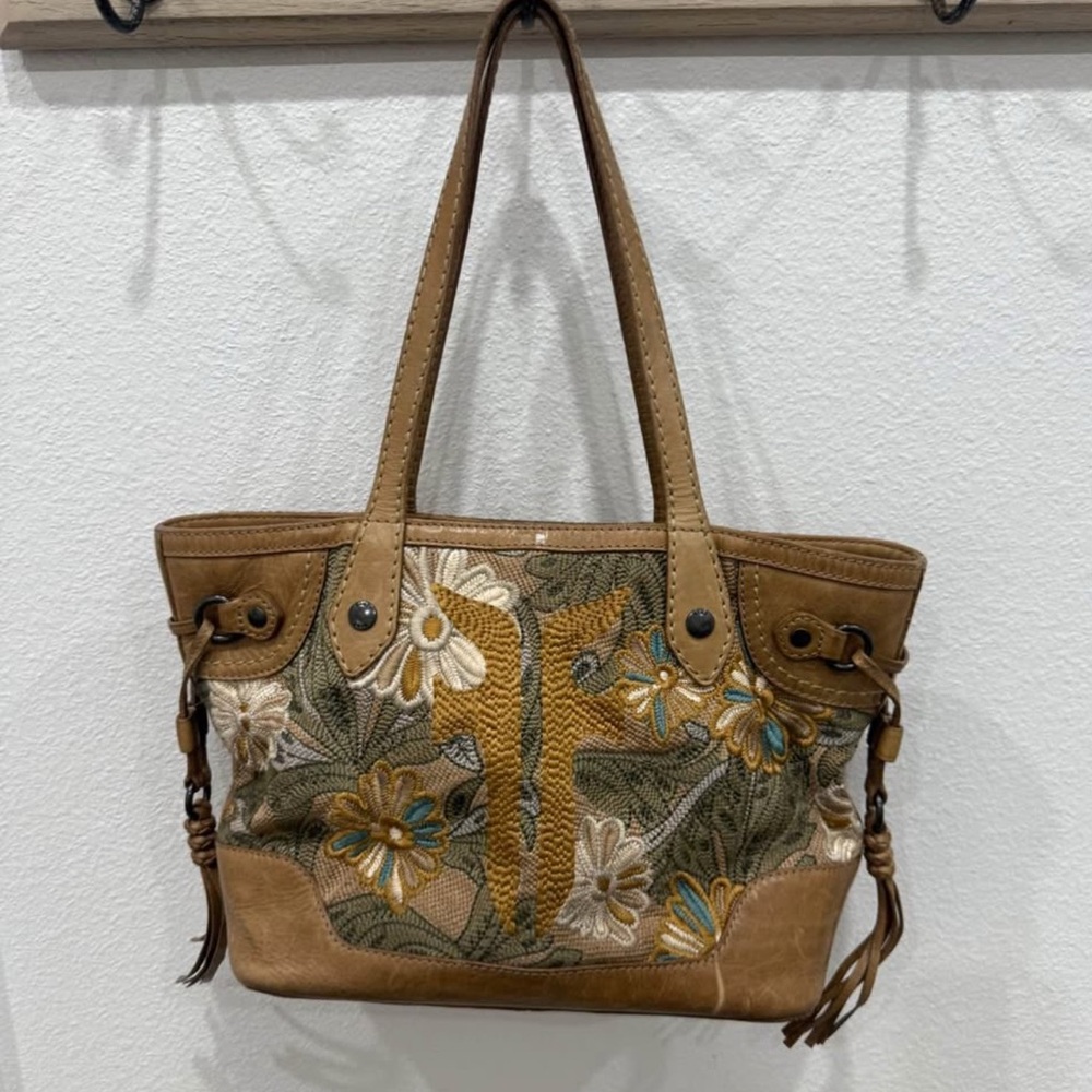 Frye Tan and Green Embroidered Tote